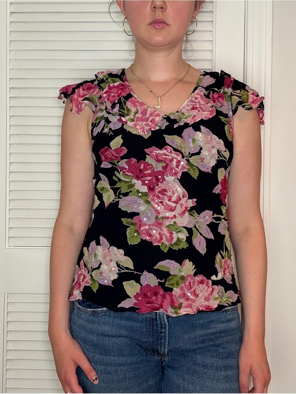 Vintage 2000s floral ruffle short sleeve top romantic fairycore sequins feminine